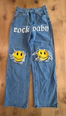SHEIN Rock Baby Smiley Face Ripped Wide Leg Denim Jeans